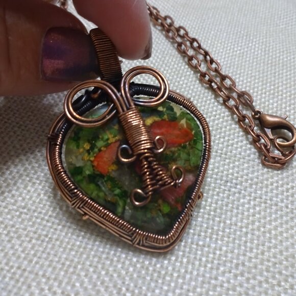 Unique OYSTER TURQUOISE HEART Copper Wire-Wrapped Pendant/Chain #175C - Picture 3 of 3